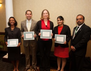 Poster session award winners, (left to right: Julie Gauss, MD; Matthew Finneran, MD; Victoria Hudspeth, MD; Samaya Qureshi, MD) pictured with 2013-2014 NCMS President Devdutta Sangvai, MD, MBA (far right).