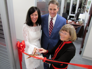 NCMS President Docia Hickey, MD (right) helped to lead the dedication of the room with Marianne Hardison and Bob Seligson.